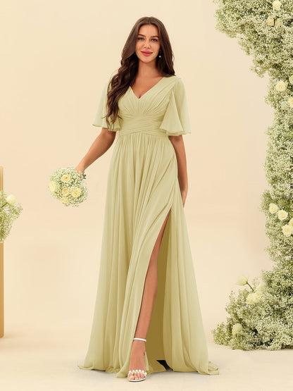Abito Lungo in Chiffon Elegante – Silhouette Fluida A-Line con Spacco Laterale e Volant