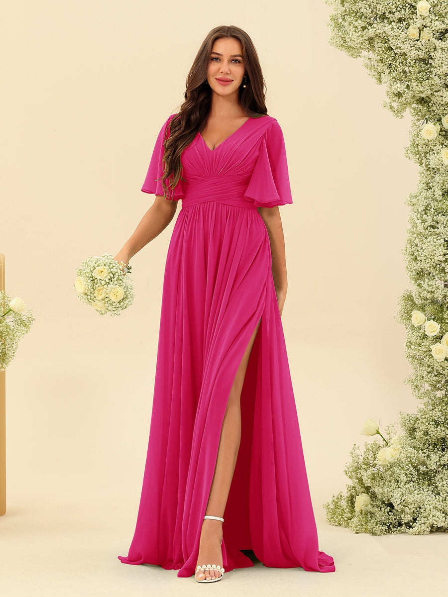 Abito Lungo in Chiffon Elegante – Silhouette Fluida A-Line con Spacco Laterale e Volant
