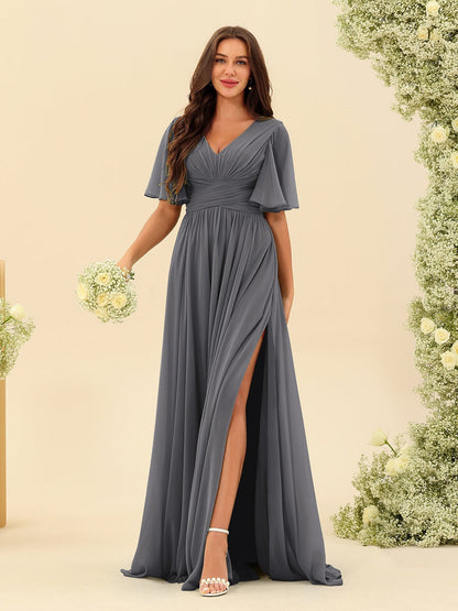 Abito Lungo in Chiffon Elegante – Silhouette Fluida A-Line con Spacco Laterale e Volant