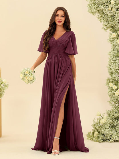 Abito Lungo in Chiffon Elegante – Silhouette Fluida A-Line con Spacco Laterale e Volant