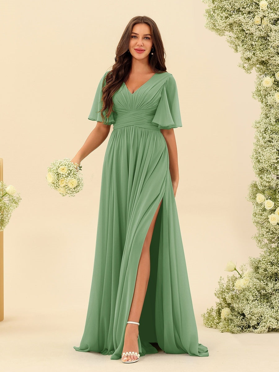 Abito Lungo in Chiffon Elegante – Silhouette Fluida A-Line con Spacco Laterale e Volant