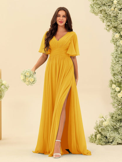 Abito Lungo in Chiffon Elegante – Silhouette Fluida A-Line con Spacco Laterale e Volant