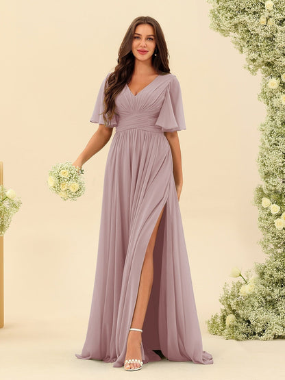Abito Lungo in Chiffon Elegante – Silhouette Fluida A-Line con Spacco Laterale e Volant