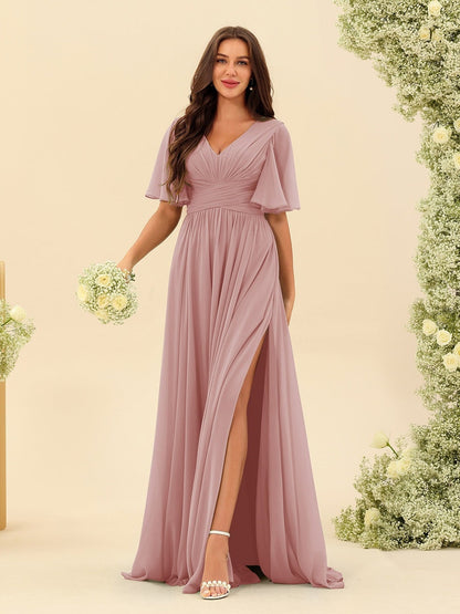 Abito Lungo in Chiffon Elegante – Silhouette Fluida A-Line con Spacco Laterale e Volant