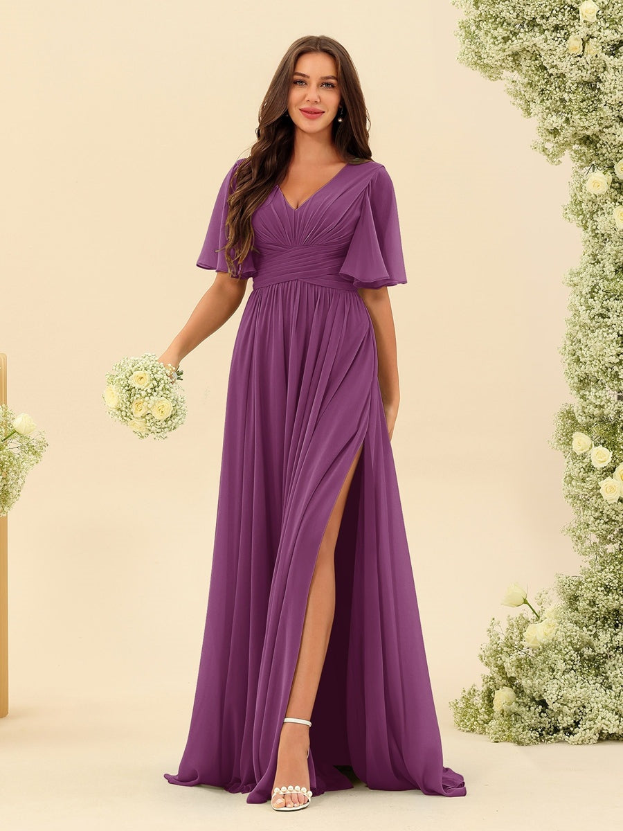 Abito Lungo in Chiffon Elegante – Silhouette Fluida A-Line con Spacco Laterale e Volant