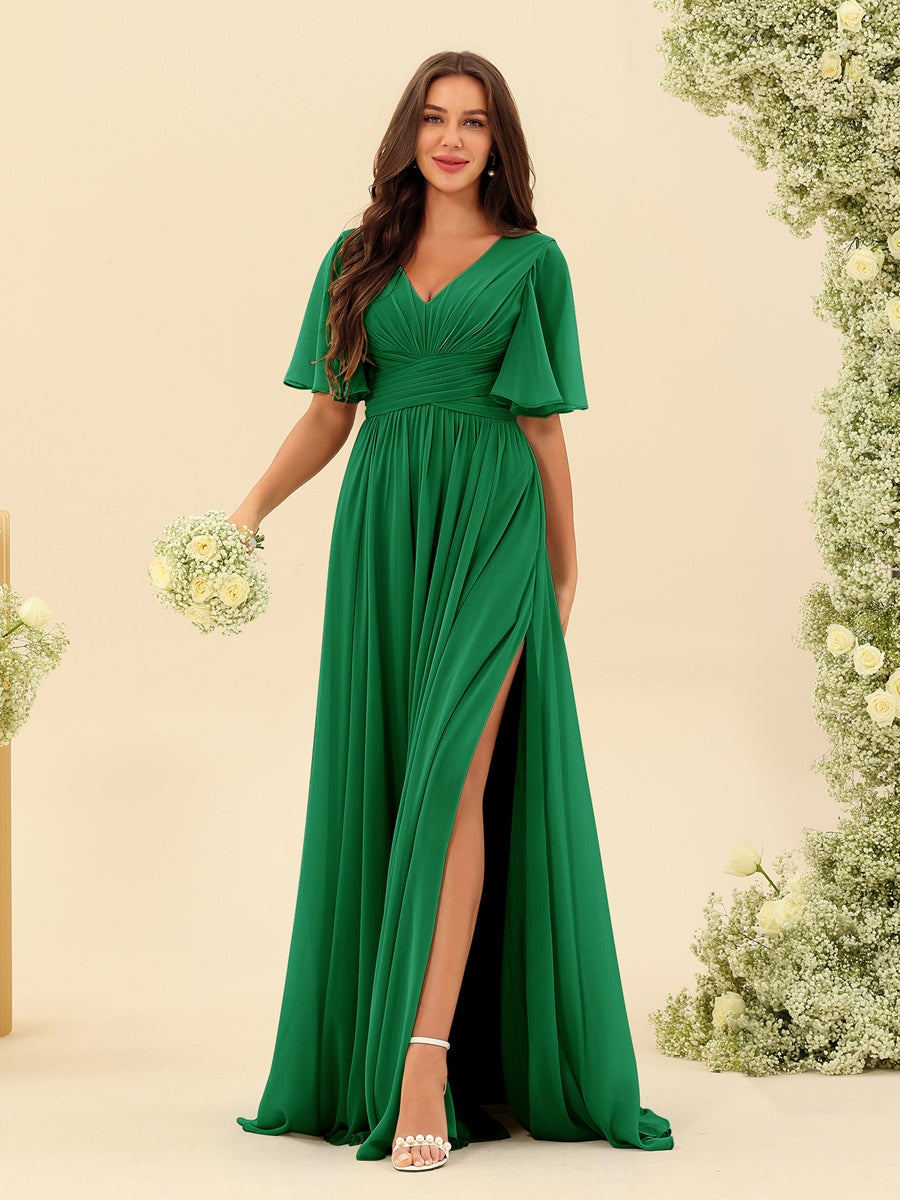Abito Lungo in Chiffon Elegante – Silhouette Fluida A-Line con Spacco Laterale e Volant