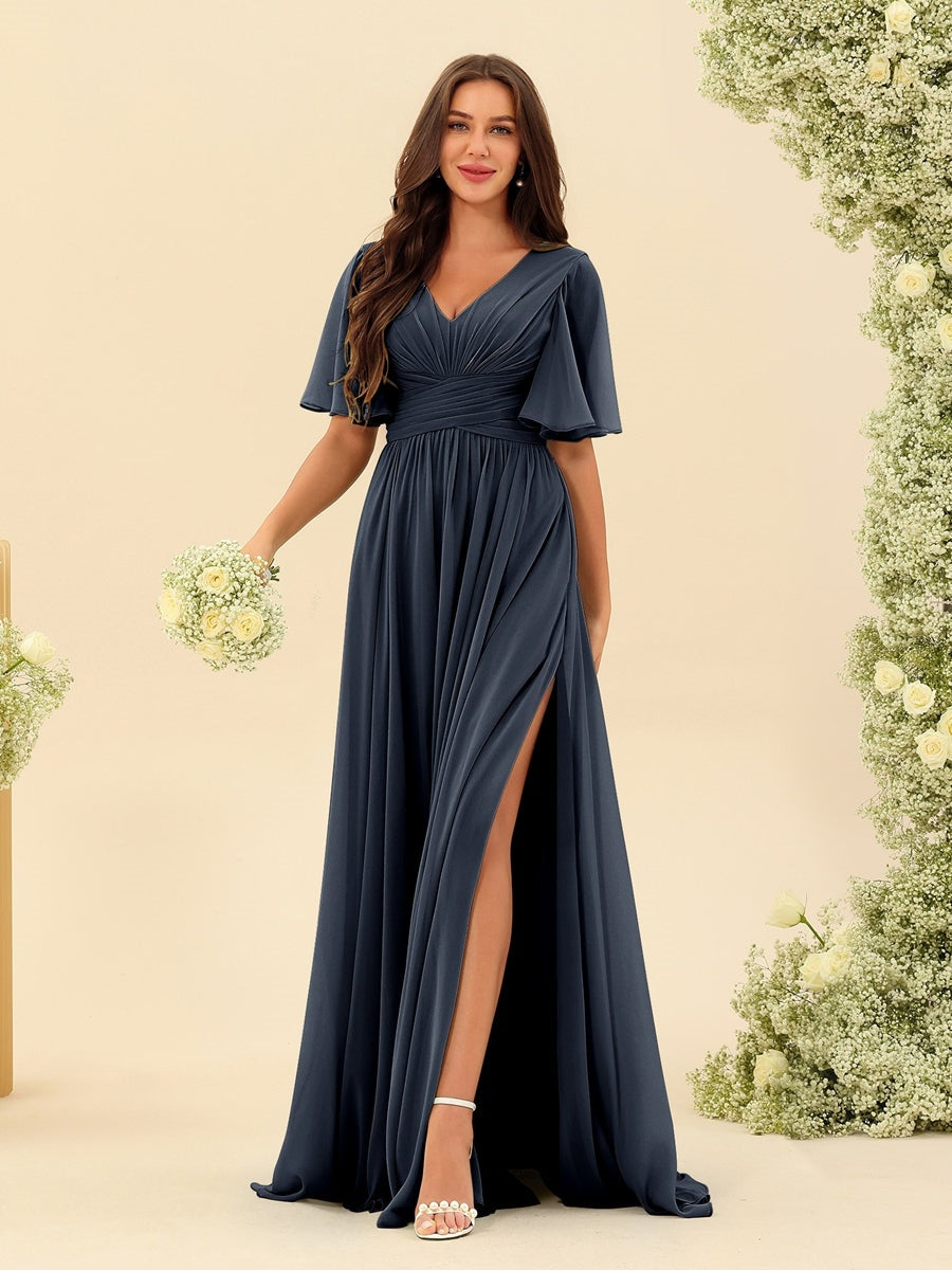 Abito Lungo in Chiffon Elegante – Silhouette Fluida A-Line con Spacco Laterale e Volant