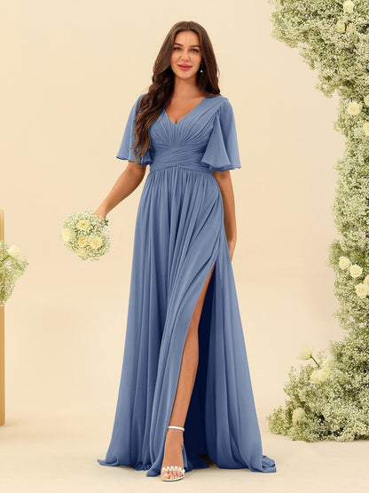 Abito Lungo in Chiffon Elegante – Silhouette Fluida A-Line con Spacco Laterale e Volant