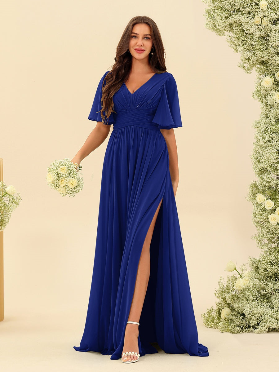 Abito Lungo in Chiffon Elegante – Silhouette Fluida A-Line con Spacco Laterale e Volant