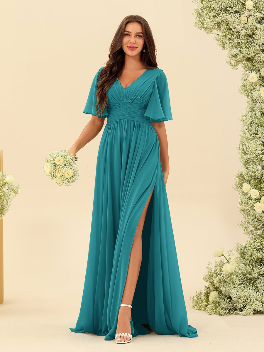 Abito Lungo in Chiffon Elegante – Silhouette Fluida A-Line con Spacco Laterale e Volant