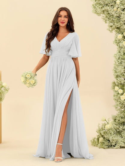 Abito Lungo in Chiffon Elegante – Silhouette Fluida A-Line con Spacco Laterale e Volant