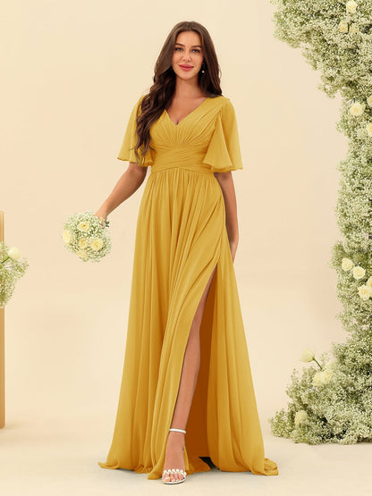 Abito Lungo in Chiffon Elegante – Silhouette Fluida A-Line con Spacco Laterale e Volant