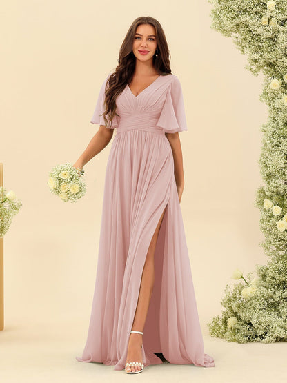 Abito Lungo in Chiffon Elegante – Silhouette Fluida A-Line con Spacco Laterale e Volant