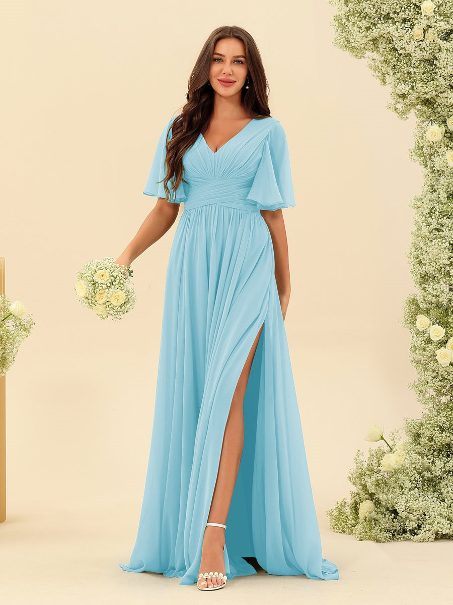 Abito Lungo in Chiffon Elegante – Silhouette Fluida A-Line con Spacco Laterale e Volant
