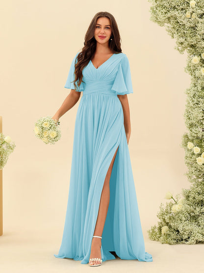Abito Lungo in Chiffon Elegante – Silhouette Fluida A-Line con Spacco Laterale e Volant