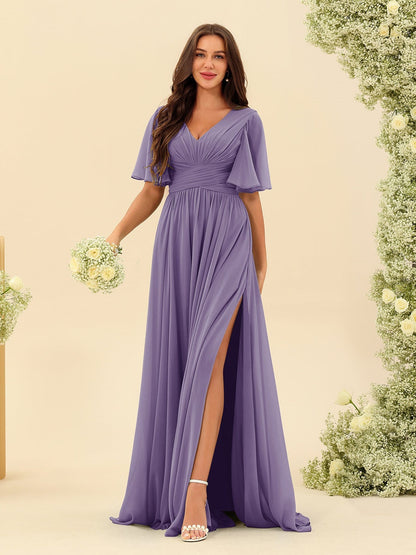 Abito Lungo in Chiffon Elegante – Silhouette Fluida A-Line con Spacco Laterale e Volant