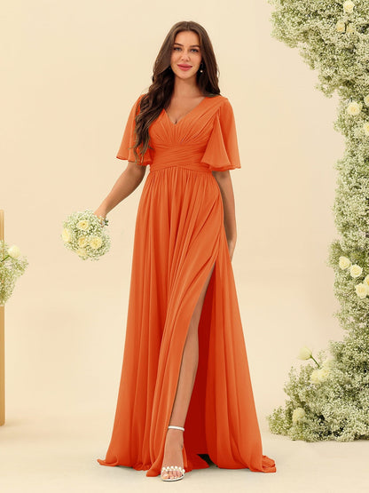 Abito Lungo in Chiffon Elegante – Silhouette Fluida A-Line con Spacco Laterale e Volant