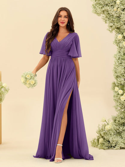 Abito Lungo in Chiffon Elegante – Silhouette Fluida A-Line con Spacco Laterale e Volant