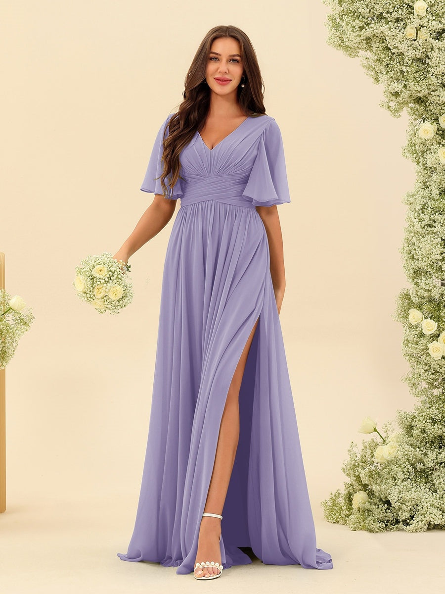 Abito Lungo in Chiffon Elegante – Silhouette Fluida A-Line con Spacco Laterale e Volant