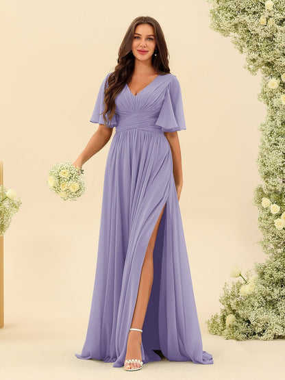 Abito Lungo in Chiffon Elegante – Silhouette Fluida A-Line con Spacco Laterale e Volant