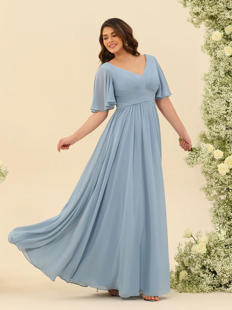 Abito Lungo in Chiffon Elegante – Silhouette Fluida A-Line con Spacco Laterale e Volant