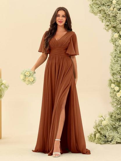 Abito Lungo in Chiffon Elegante – Silhouette Fluida A-Line con Spacco Laterale e Volant