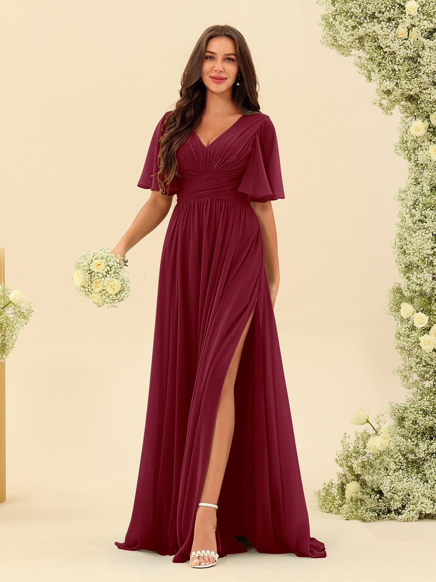 Abito Lungo in Chiffon Elegante – Silhouette Fluida A-Line con Spacco Laterale e Volant