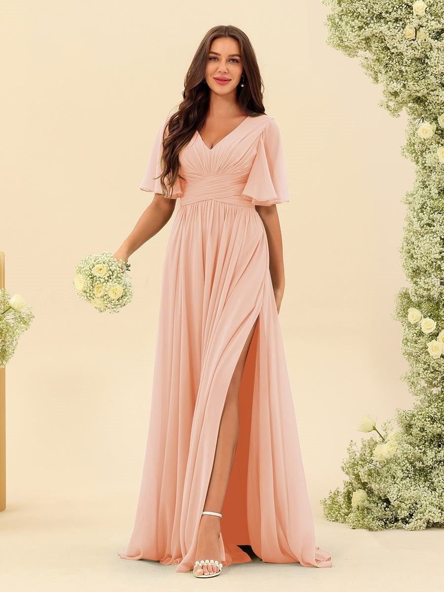 Abito Lungo in Chiffon Elegante – Silhouette Fluida A-Line con Spacco Laterale e Volant
