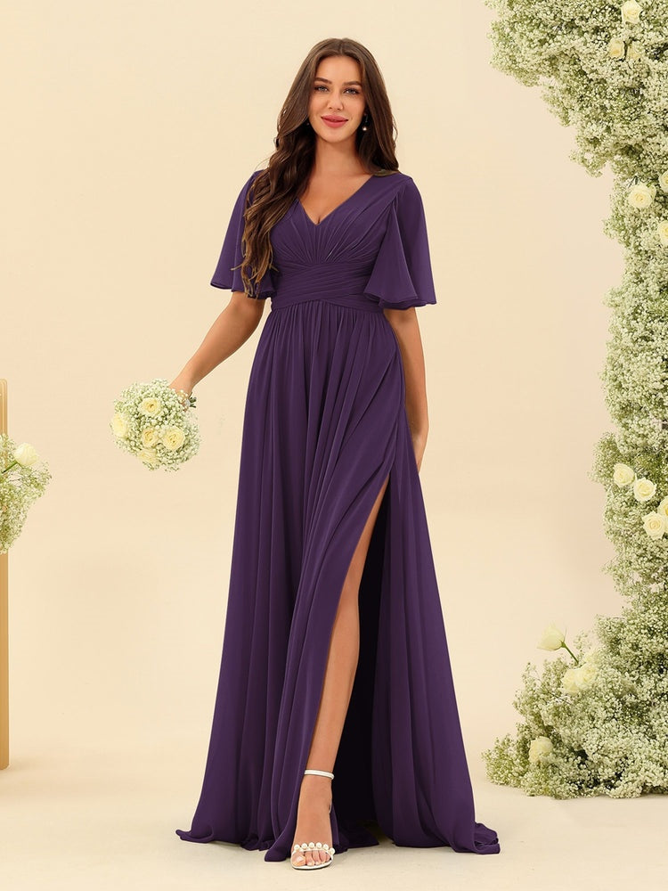 Abito Lungo in Chiffon Elegante – Silhouette Fluida A-Line con Spacco Laterale e Volant