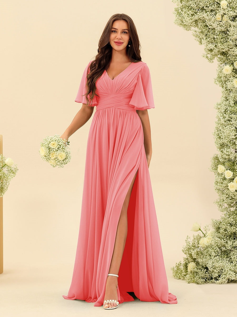 Abito Lungo in Chiffon Elegante – Silhouette Fluida A-Line con Spacco Laterale e Volant