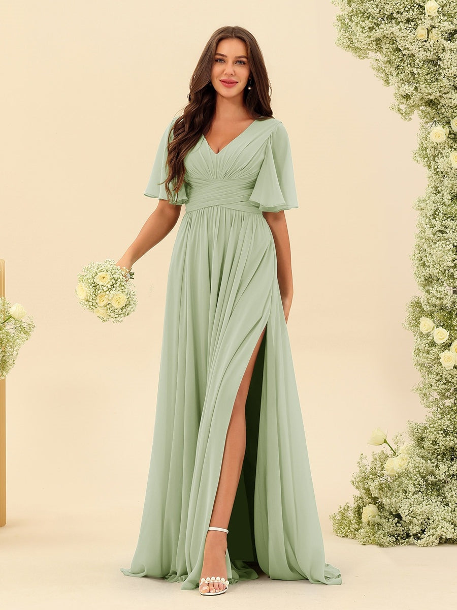 Abito Lungo in Chiffon Elegante – Silhouette Fluida A-Line con Spacco Laterale e Volant