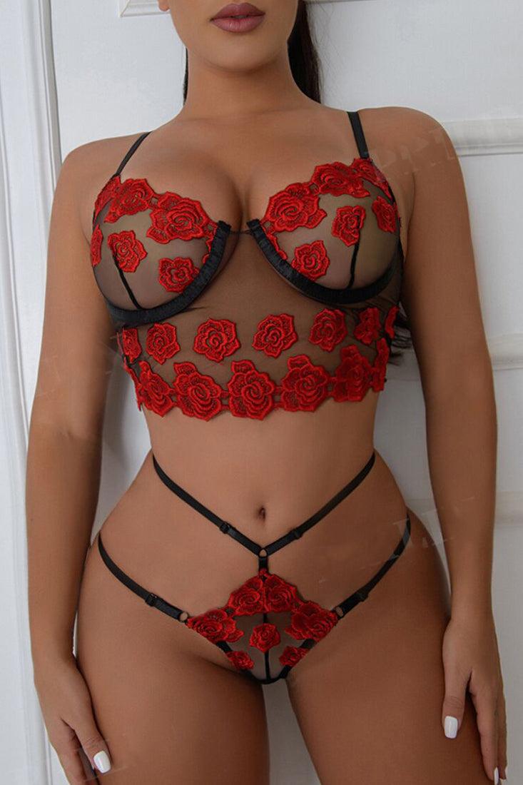 Zwarte bustier met rode rozen en strappy string – sexy set