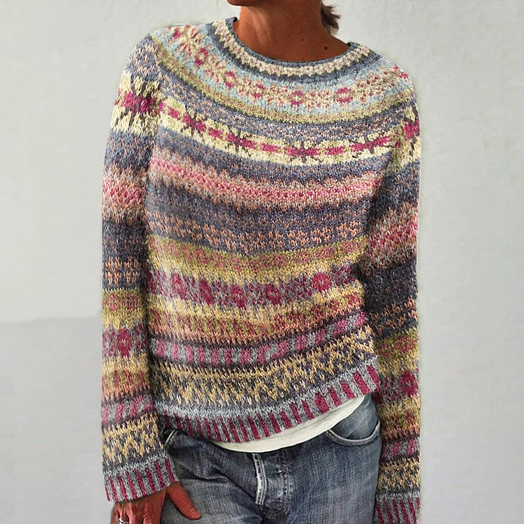 Hanna Pull Femme – Pull Vintage Décontracté à Imprimé Ethnique & Style Rétro Élégant