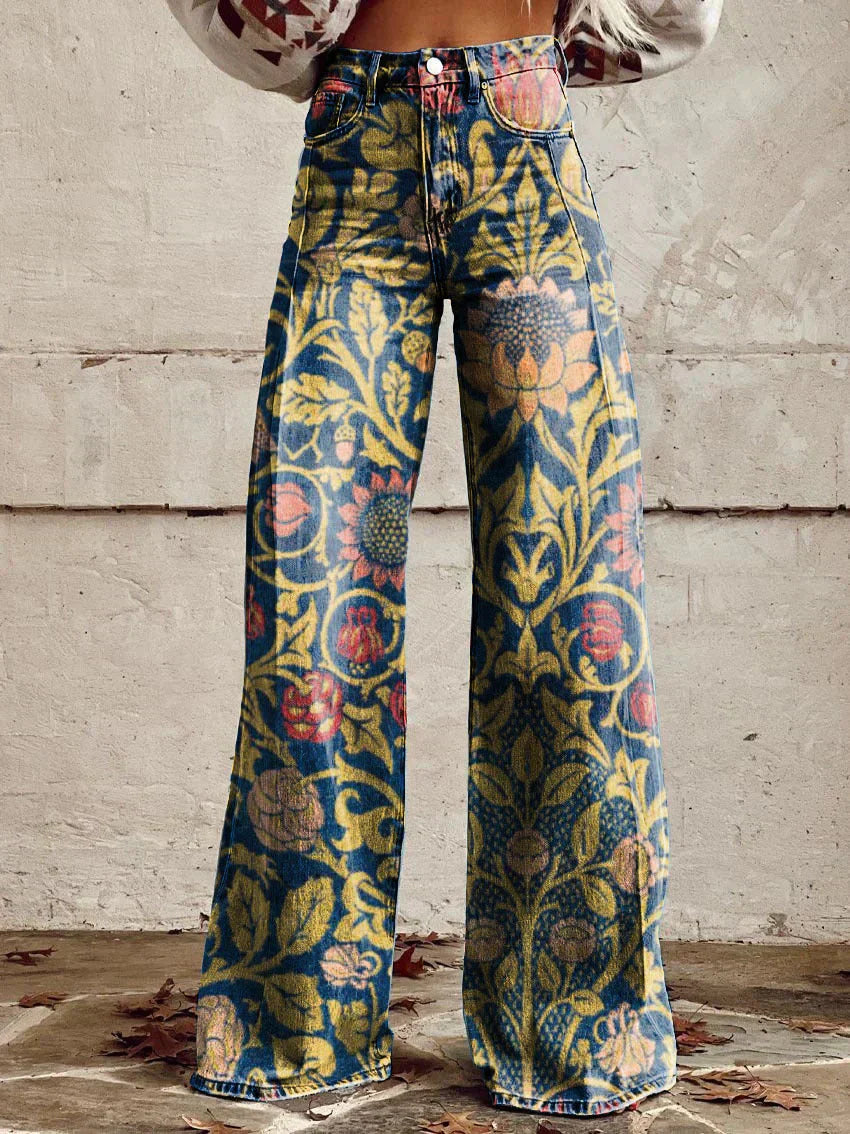 Damen-Jeans mit weitem Bein | Blumenmuster, hohe Taille