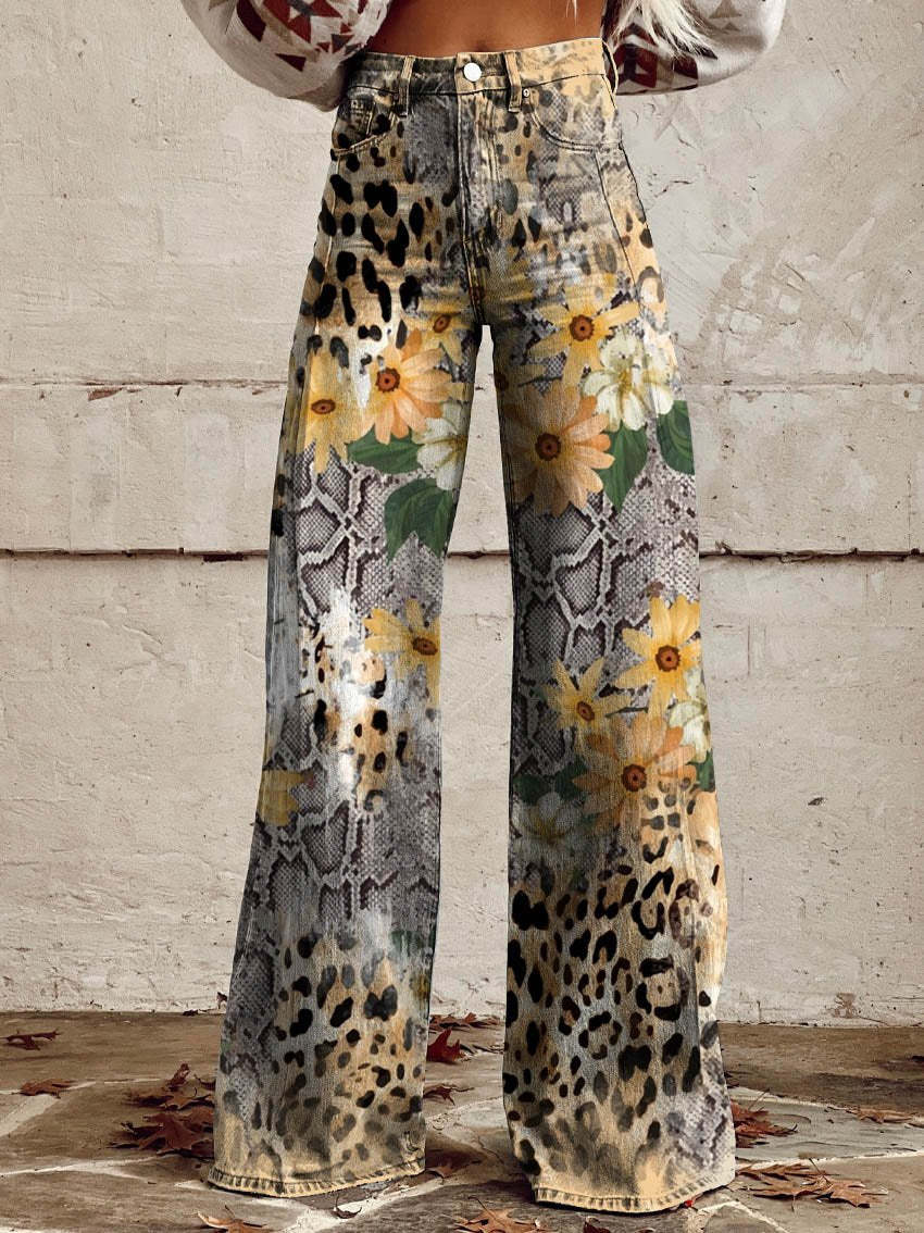 Damen-Jeans mit weitem Bein | Blumenmuster, hohe Taille