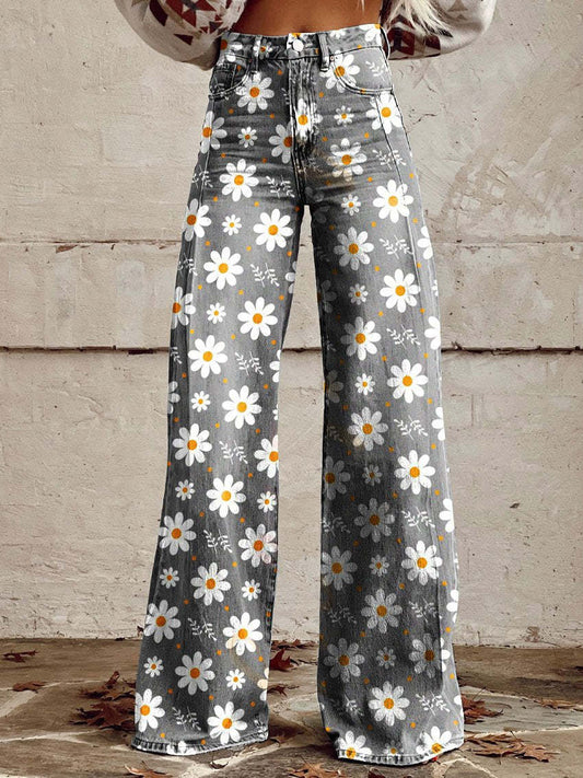 Damen-Jeans mit weitem Bein | Blumenmuster, hohe Taille