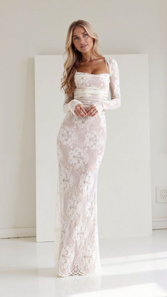 Damen Spitzen Langarmkleid | Maxi