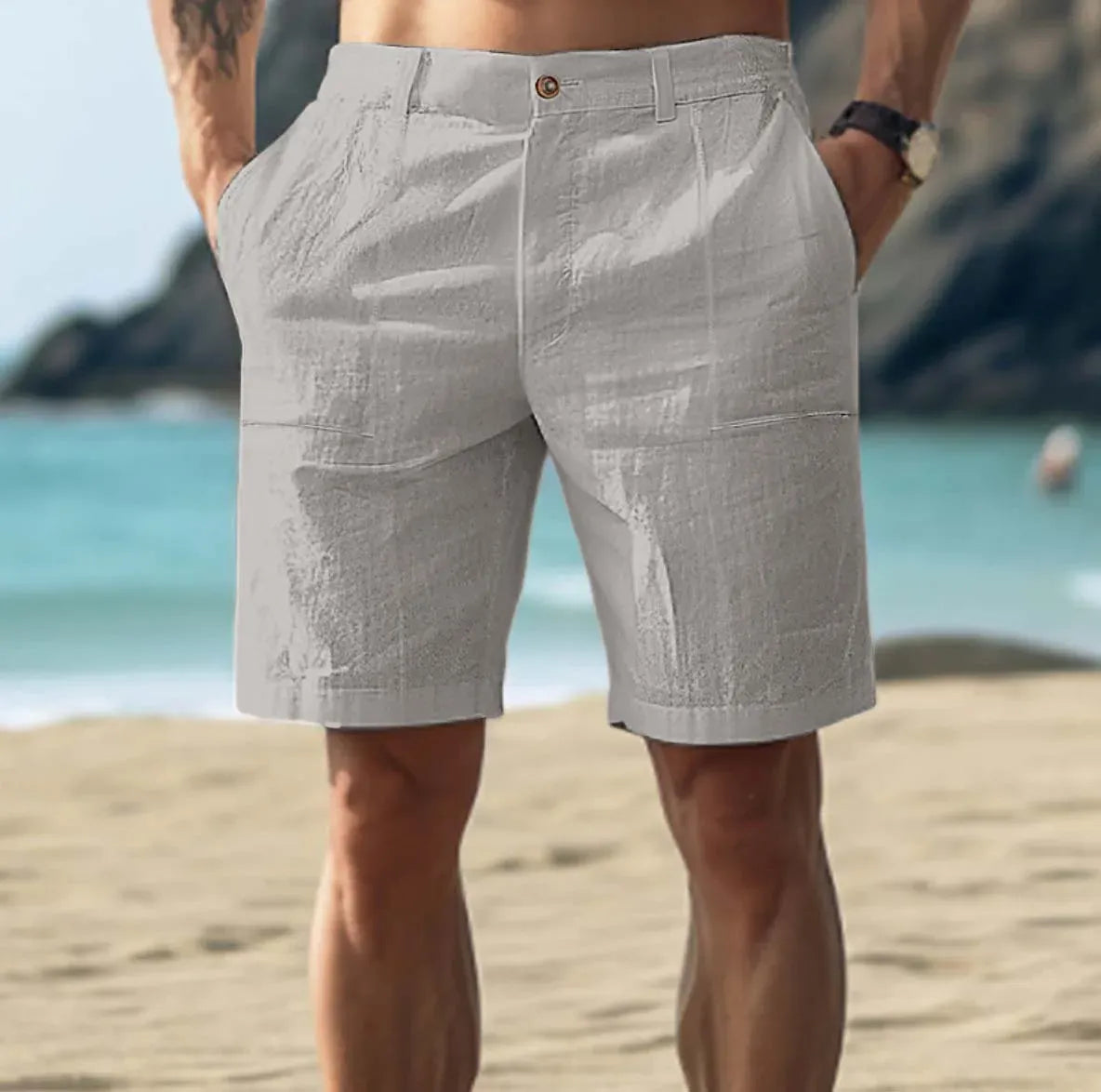 Men’s Linen Blend Tailored Fit Shorts Pleated Summer Casual Smart