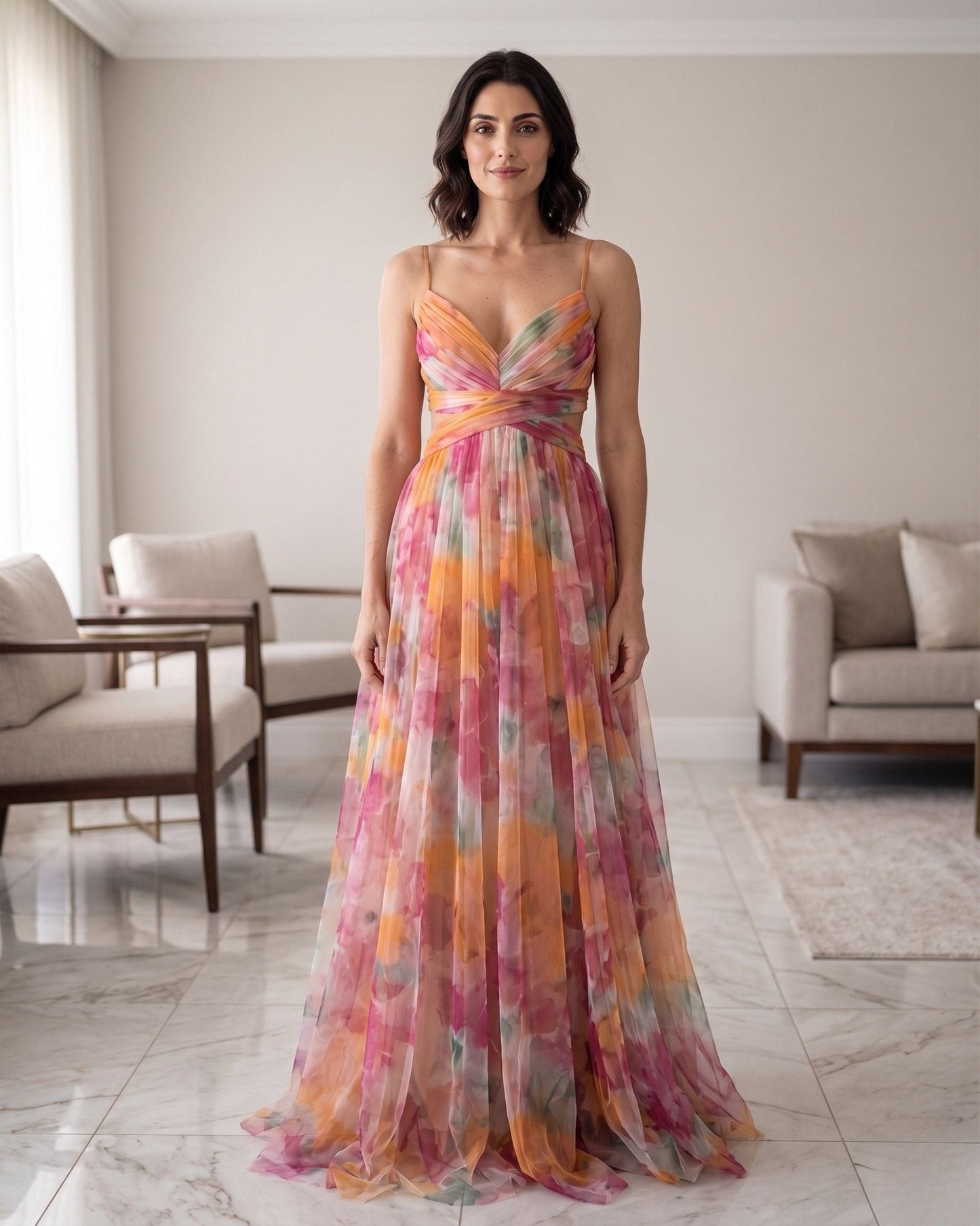 Abito Donna | Lungo da Cerimonia in Chiffon Floreale & Corpetto Drappeggiato