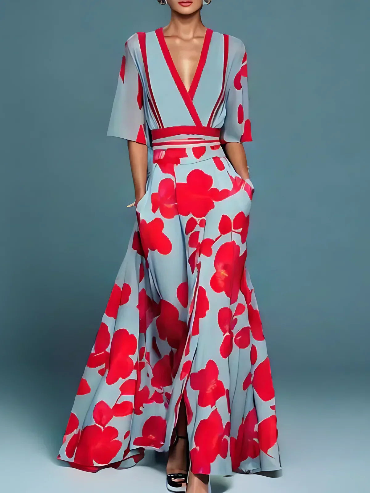 Abito Floreale Donna | Lungo con Scollo a V & Gonna a Ruota Maxi
