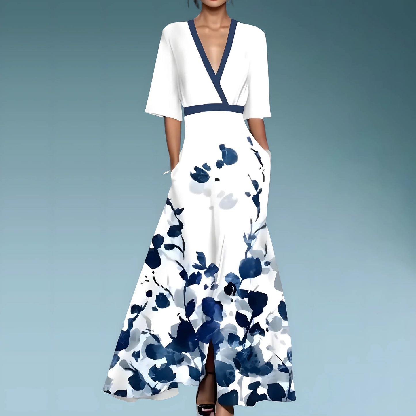 Abito Floreale Donna | Lungo con Scollo a V & Gonna a Ruota Maxi