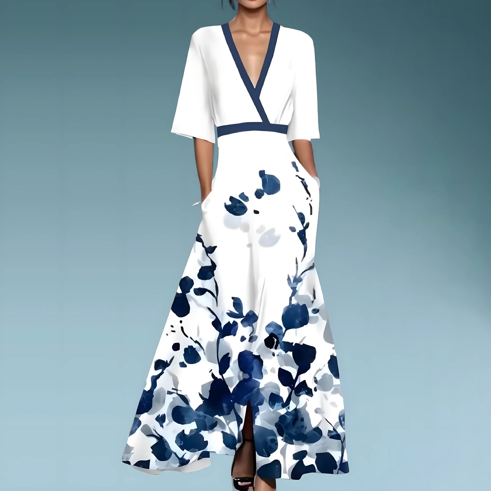 Abito Floreale Donna | Lungo con Scollo a V & Gonna a Ruota Maxi