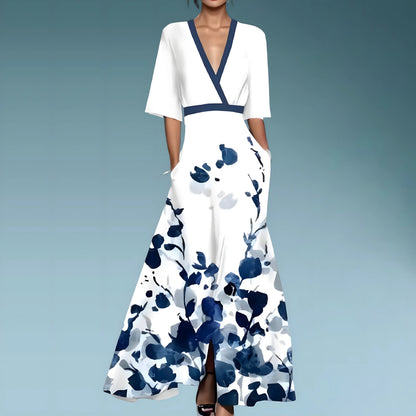 Abito Floreale Donna | Lungo con Scollo a V & Gonna a Ruota Maxi