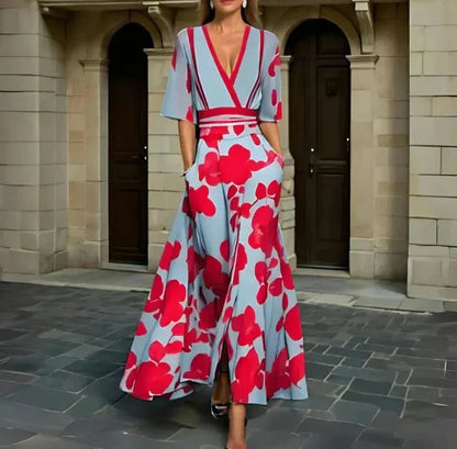Abito Floreale Donna | Lungo con Scollo a V & Gonna a Ruota Maxi