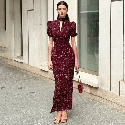 Abito Floreale Donna | Midi Aderente con Cut-Out & Maniche a Palloncino