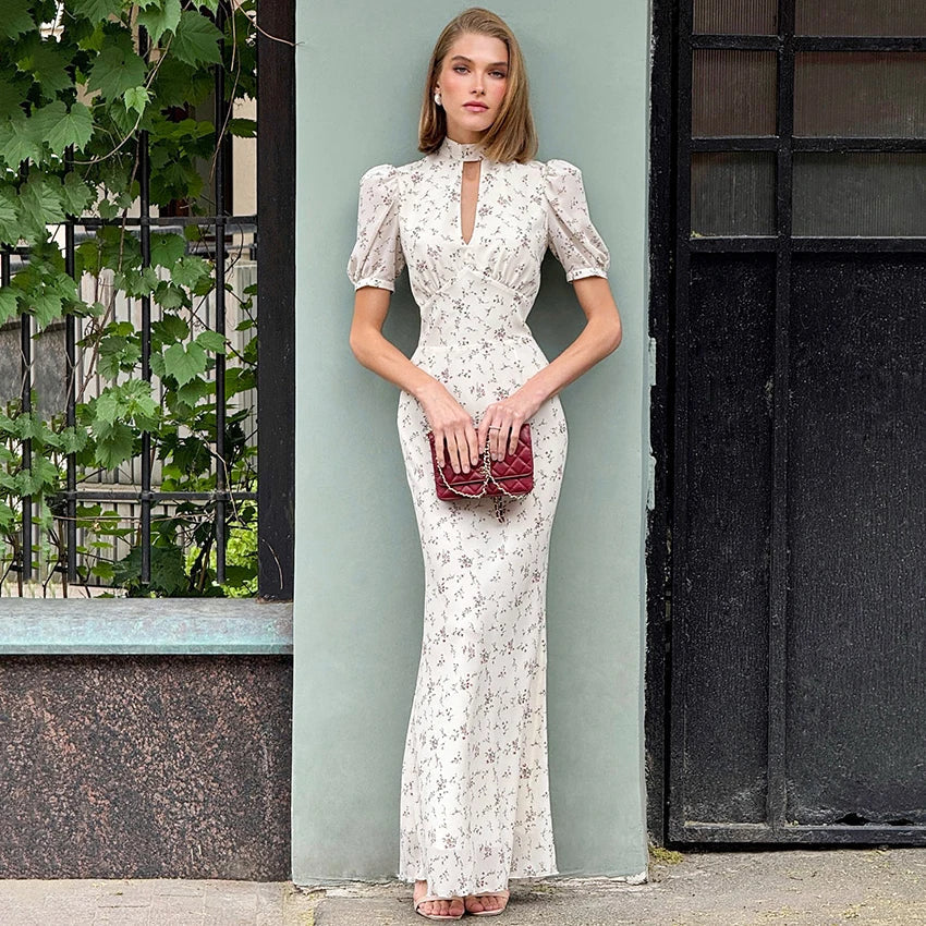 Abito Floreale Donna | Midi Aderente con Cut-Out & Maniche a Palloncino