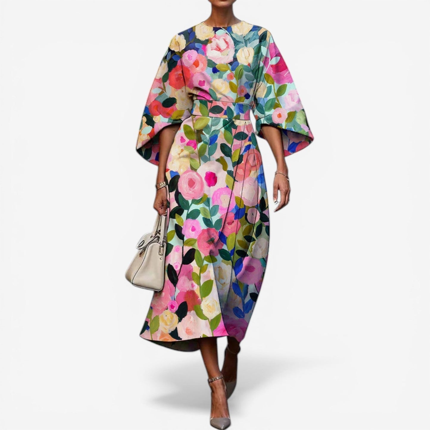 Abito Midi Donna | Patchwork Multicolore con Maniche Kimono & Stampa Artistica