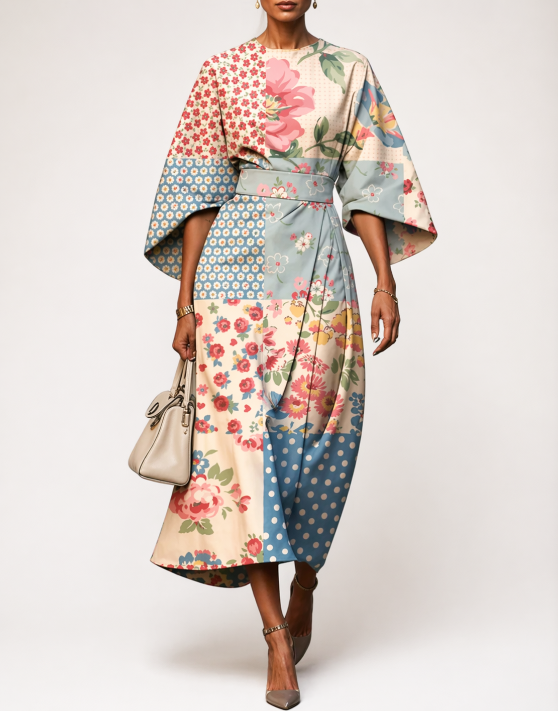 Abito Midi Donna | Patchwork Multicolore con Maniche Kimono & Stampa Artistica