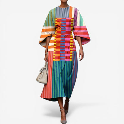 Abito Midi Donna | Patchwork Multicolore con Maniche Kimono & Stampa Artistica