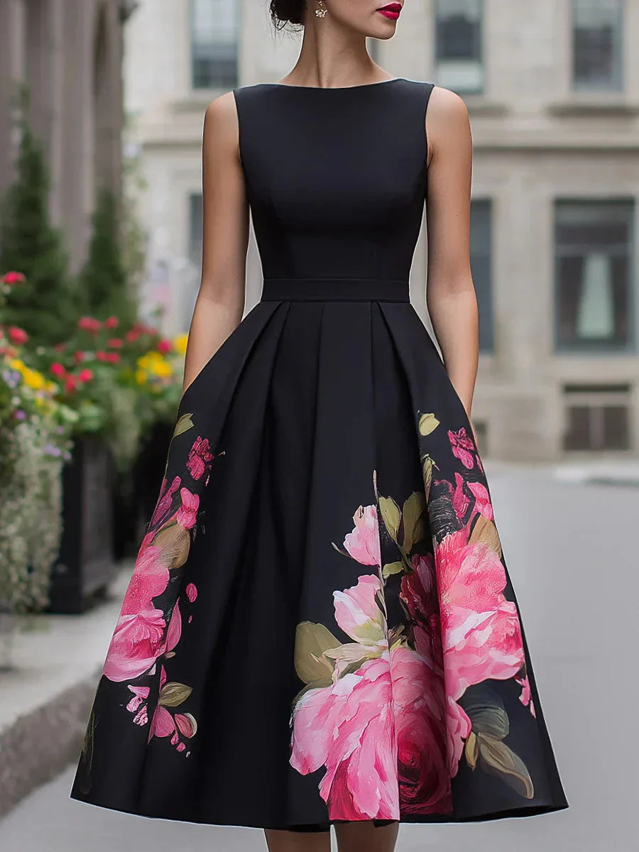 Abito Midi Donna | Svasato Floreale con Gonna a Ruota & Senza Maniche